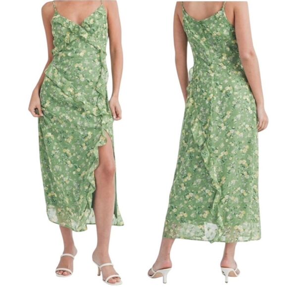 Lush Green & Yellow Ditsy Floral Ruffle Detail Midi Slip Dress Size Small - Picture 1 of 11